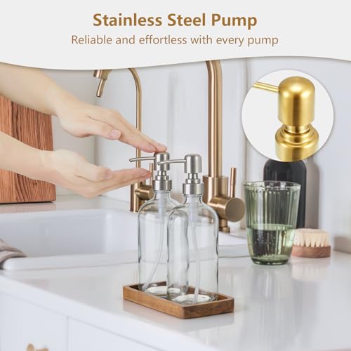 Clear Glass Soap Dispenser Set with Acacia Wood Tray, Refillable Hand Soap Pump Bottle for Kitchen, Bathroom Countertop, Modern Farmhouse Soap Dispenser Set - color: Clear