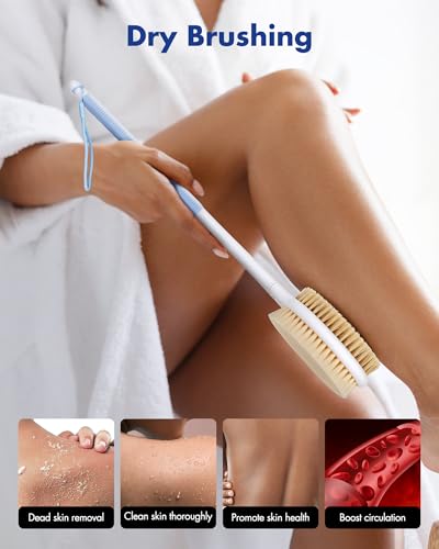 Back Scrubber Body Shower Brush: Anti Slip Long Handle Bath Brush with Stiff and Soft Bristles - Showering Exfoliator Wet or Dry Brushing for Women, Men, Elderly (Blue) - size: Long Handle 18.1 in-Blue