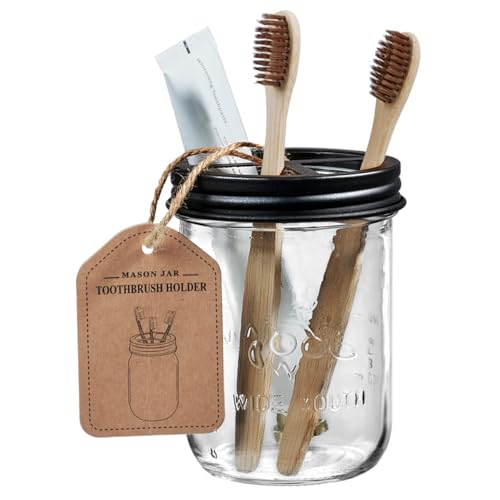 SheeChung Mason Jar Toothbrush Holders, Bathroom Accessories, Bathroom Essentials, Bathroom Organizers and Storage, Bathroom Countertop Organizer, Glass Toothbrush Holders for Bathroom-Black - color: Black-1 Pack