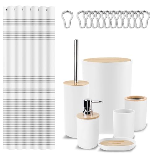Britimes Bathroom Accessories Sets, White Shower Curtain Set with Trash Can, Soap Dispenser, Toilet Brush Holder, Toothbrush Holder and Toothbrush Cup for Bathroom Decor 72"*72" - color: White