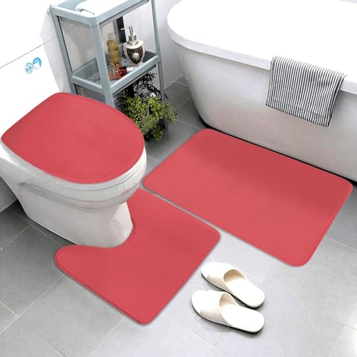 Bathroom Rugs Set 3 Piece Elegant Simple Hot Red Bath Rug Mat Set, Non Slip Absorbent Bathroom Decor Mat, Toilet Lid Cover & U Shaped Contour Rug - color: Hot Red, size: 1'8" x 2'6" (Rectangular)