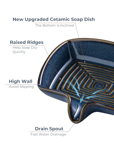 Ceramic Soap Dish, Bar Soap Holder with Drain Spout Self Draining Soap Saver for Shower Bathroom Kitchen Sink Bathtub, Keep Drying, Blue - color: Blue, size: Rectangular