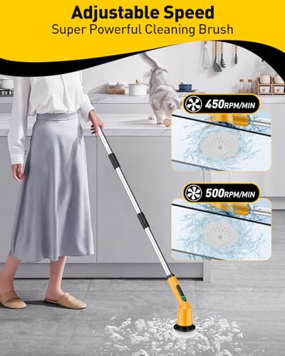 Electric Spin Scrubber for Cleaning Bathroom, Shower Scrubber Cordless Cleaning Brush with IPX7 Waterproof & 2 Speed, 3 Floor Machine Pads, Bathroom Cleaning Supplies for Shower Tub Yellow - color: Yellow, size: 3 Brush Heads