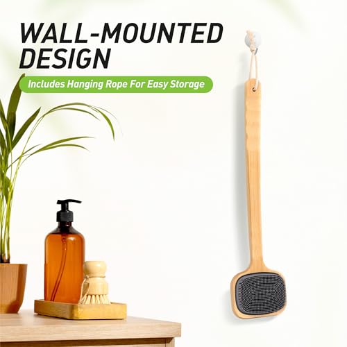 NURENDER 16.92'' Double-Sided Back Scrubber for Shower, Silicone Back Bath Brush Ideal for Sensitive Skin, Exfoliating, with Anti-Slip Bamboo Handle & Hanging Loop, Dry Body Brush for Men, Women - size: 16.92 Inch