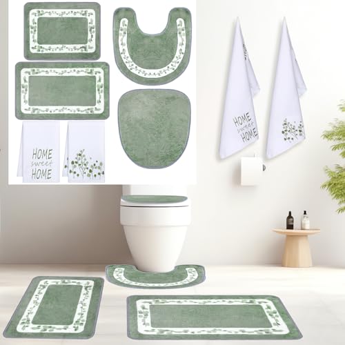 Nuanchu 6 Pcs Sage Green Bathroom Rugs Set with Eucalyptus Leaves Hand Flowers Towels Non Slip U-Shaped Fresh Toilet Rug Water Absorption Bath Mat for Bathroom Bedroom Living Room - color: Green, style: Eucalyptus Leaves
