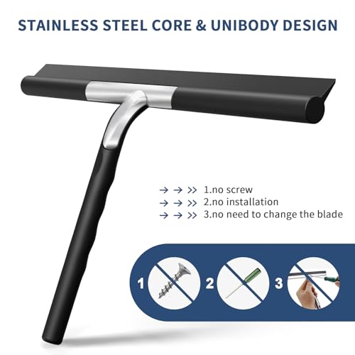 ecooe Silicone Shower Squeegee with Hanger, 11″/28cm Shower Squeegee for Glass Doors, Black Window Squeegee Scraper with Stainless Steel Core for Home Bathroom Kitchen Car Glass Doors - size: 02-Black 11″/28cm