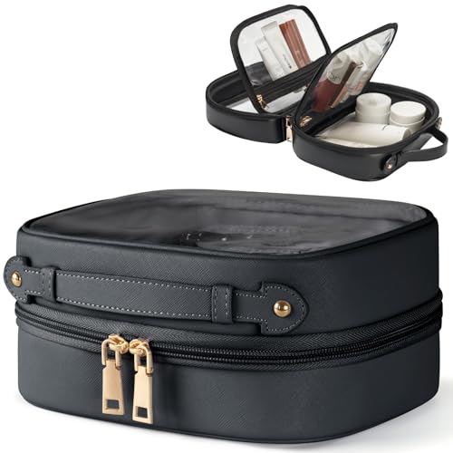 Clear Cosmetic Bag Double Layer Travel Toiletry Bag Clear Makeup Bag Case with 4 Compartments, Transparent Travel Bag for Toiletries, Large Toiletry Bag for Women Cosmetic Case (Black, Small) - color: Black, size: Small