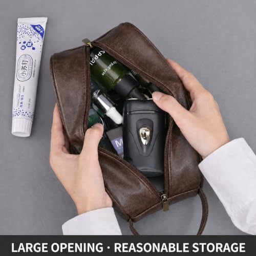 Men's Toiletry Bag, Vintage PU Leather Travel Shaving Case, 9.1" Lightweight Toiletries Organizer Pouch, Premium Grooming Gift for Husband Dad, Khaki (Brown) - color: Brown