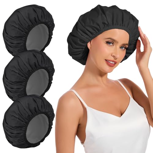 3 Pack Reusable Shower Cap for Women, Waterproof Hair Cap for Shower and Bath, Large Bath Cap for Long Thick Hair - color: A02-Black