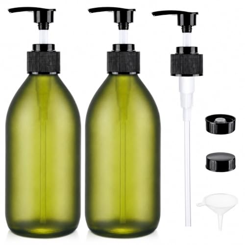 16 oz Frosted Green Glass Soap Dispenser with Pump, Glass Pump Bottle for Lotion Body Oil, 500ml Hand and Dish Soap Dispensers Set with Storage Caps, Labels - 2 Pack - color: Green