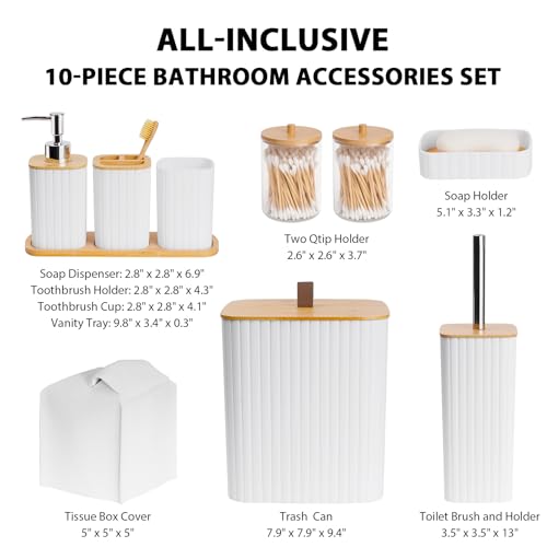 Bathroom Accessory Set - 10 Piece White Bathroom Sets Complete with Trash Can, Toothbrush Holder & Cup, Soap Dispenser, Soap Dish, Toilet Brush & Holder, Vanity Tray, Qtip Holder, Tissue Box Cover - color: White