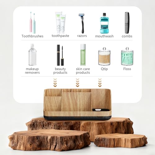 GFWARE Bathroom Toothbrush Holder Set with 2 Pack Qtip Holder Dispenser - 7 Slots Kids Bathroom Accessory Sets with Drainage, Q Tip Holder for Bathroom Sink Counter Accessories Set - color: Wood Sets