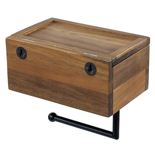 MyGift Mid-Century Modern Solid Acacia Wood Wall Mounted Toilet Paper Holder with Wet Wipes Dispenser and Storage Shelf Tray, Bathroom Organizer