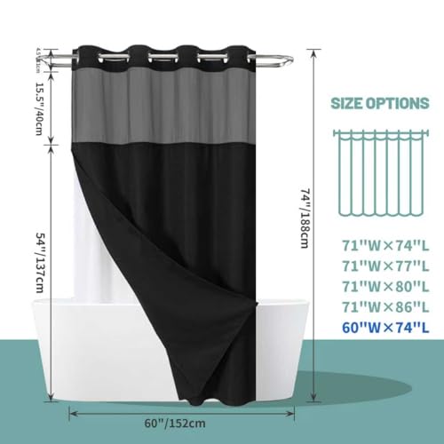 eachope Black No Hook Waffle Weave Shower Curtain with snap-in Liner Replacement, 230GSM Waterproof Fabric Hotel Shower Curtain Set for Bathroom, Through Mesh Top Window,60Wx74H - color: Black, size: 60"W x 74"L (Pack of 1)