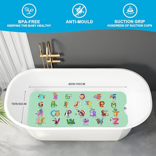 XIYUNTE Baby Bath Mat for Tub Non Slip Kids Bath Mat - 40''x16'' Extra Long Cartoon Bathtub Mat Non Slip Kids Shower Mat Eco-Friendly Toddler Bath Mats with Suction Cups, Machine Washable - color: I-green Alphabet