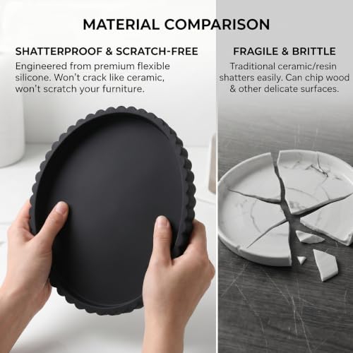 Round Silicone Vanity Tray Matte Black 12 Inch Scalloped Organizer | Decorative Tray for Bathroom Counter, Perfume Candle Soap Makeup Vanity Centerpiece Dresser Living Room Decor-12 x 12 x 0.8" - size: 12"