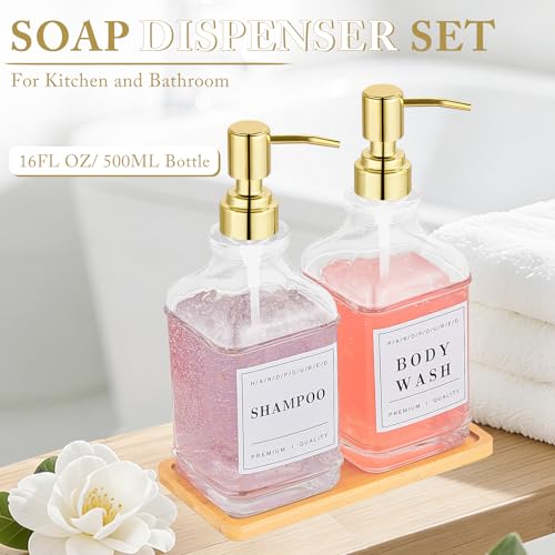 Glass Soap Dispenser with Pump,Tray,Funnel, Countertop Soap and Lotion Dispenser Set of 2 with 60 Stickers, Dish and Hand Soap Dispenser Bottle for Kitchen,Bathroom,Shower,500ml/16.9oz - color: Blk-5070-2g