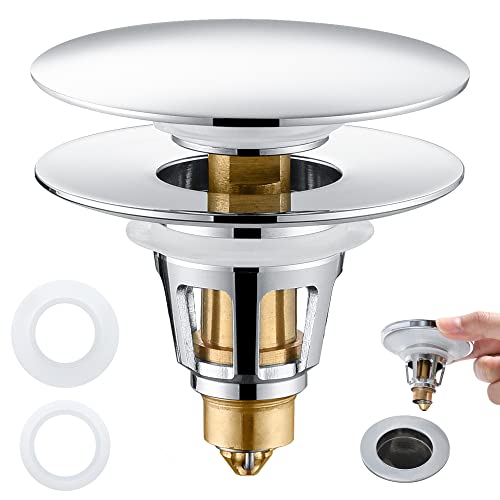 Universal 3-in-1 Bathroom Sink Stopper - Chrome Pop Up Sink Drain Stopper, Push Button Sink Drain Stopper Replacement, Wash Basin Drain Filter Plug with Anti-Clogging Strainer, (Large Cover) - color: Chrome, style: Large Cover