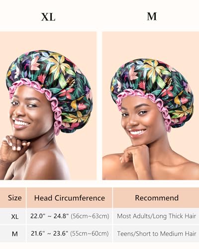 mikimini Rainforest Large Shower Caps Pack of 2, Shower Cap for Women Long Hair with Pink Lace, Reusable Waterproof Shower Hat for Girls - size: X-Large (Pack of 2)