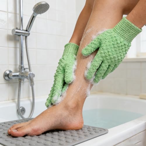 Exfoliating Bath Gloves 2 Pairs - Heavy Texture Body Scrub Gloves for Shower, Spa, Massage and Body Scrubs, Dead Skin Remover, Washing Gloves with Hanging Loop(Light Green) - color: Green2