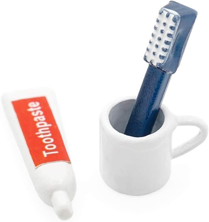 Toothpaste, Toothbrush and Cup Model, 1/12 Scale, Miniature Dollhouse Bathroom Accessories Set, DIY Decor Kit