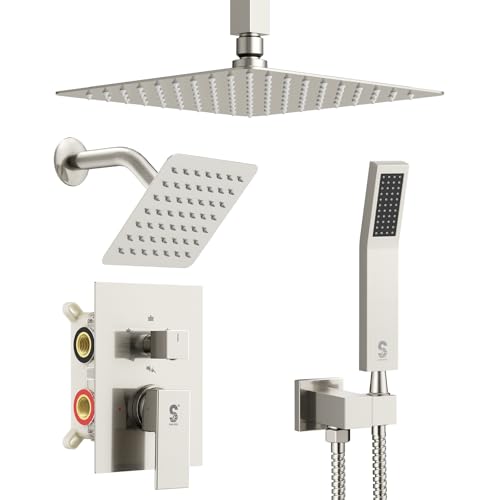 Shower Faucet Set Shower System - SR SUN RISE Brushed Nickel Shower Trim Kit with Dual Shower Head, 10'' Ceiling Rainfall 6'' Wall Mount with Handheld Shower for Couples, Complete 6 Diverter Valve - color: Nickel, size: 10 Inch