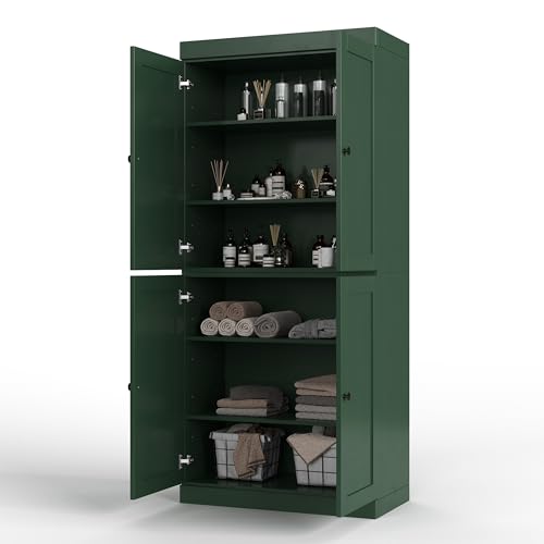 Palace Imports Solid Wood Tall Bathroom Pantry Cabinet with 4 Shaker Doors & Adjustable Shelves, Green - 100% Eco-Friendly, Renewable, Space-Saving Storage, 71.5" H x 32" W, Made in Brazil - color: Green