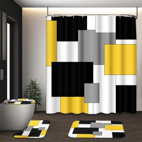 Yellow Geometric Shower Curtain Set with Toilet Lid Cover and Non-Slip Rugs for Bathroom, Black White Grey Checkered 4 Pcs Shower Curtain, Modern Abstract Bathroom Set with 12 Hooks - color: Abstract Geometric Yellow