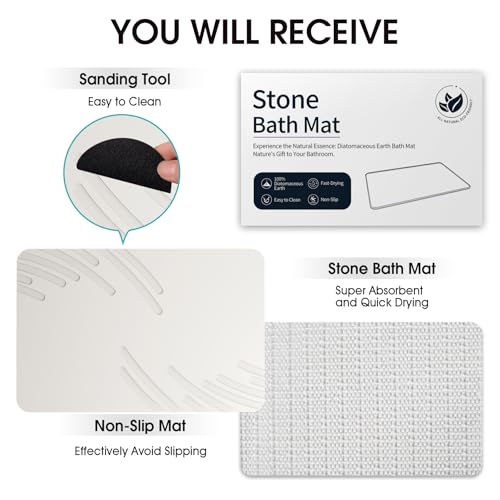 ZIKIBL Stone Bath Mat Diatomaceous Earth Shower Mat Super Absorbent Non-Slip Diatomite Stone Bath Mats for Bathroom Floor Quick-Drying Natural Easy to Clean（24 * 16''） - color: White-feather
