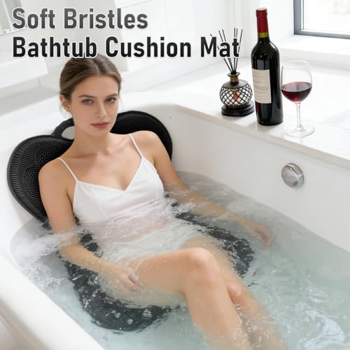 Back Scrubber Shower Bathtub Tub Body Bath Cushion Back Lumbar Support - Silicone Ergonomic Extra Large Thick Soft Seat Paded Non-Slip Suction Cups Relaxing Spa Exfloating Scrubber Mat Black - color: Black
