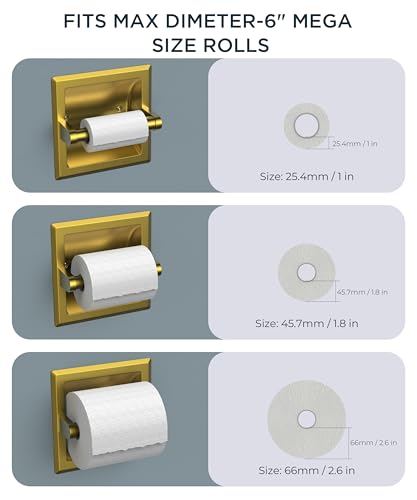 FORIOUS Recessed Toilet Paper Holder, Stainless Steel Durable Tissue Roll Holder Wall Mount for Bathroom Space Saving Design with Mounting Bracket, in Wall Toilet Paper Dispenser Insert, Gold - color: Gold