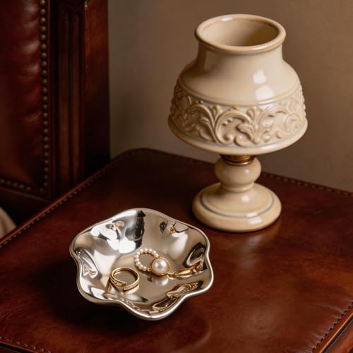 Ceramic Lotus Leaf Trinket Dish, Ring Holder for Jewelry | Keeps earrings, necklaces, keys, and keepsakes handy on vanities or nightstands, a sweet gift for moms, sisters, and friends - color: Electroplated silver