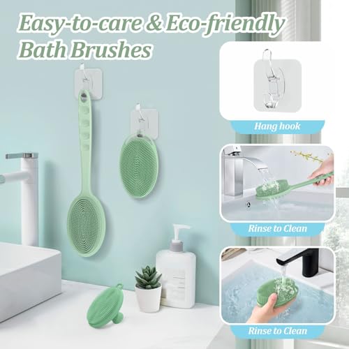 Silicone Back & Body & Face Scrubber Set 3PCS, Gentle Exfoliating Back & Body Scrubber with Dual-Side Brush Head, Hygienic Silicone Loofahs with Soft Bristle and Non-Slip Handle(Green-3PC) - color: Green*3