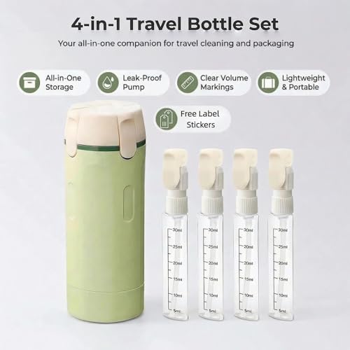 4 in 1 Travel Dispenser Bottle Leak Proof Refillable Travel Bottles Pump Shampoo Conditioner Lotion Cosmetic Containers Portable Set 4 Pack 30ml Air Travel Business Trip Essentials (White+Green)