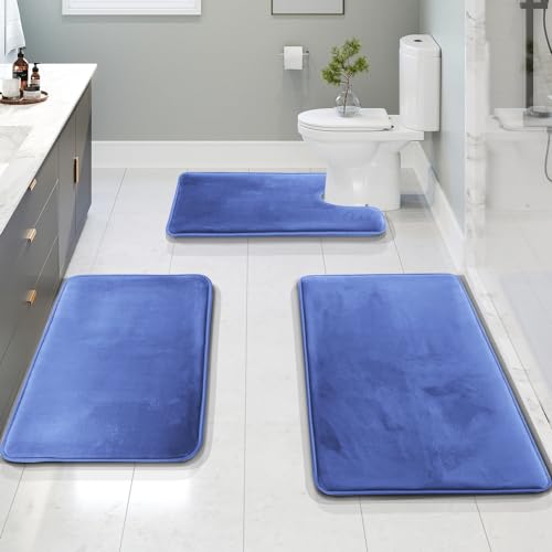 Clara Clark 3 Piece Bathroom Rugs Bath Mat Set, Velvet Memory Foam Bath Mats for Bathroom - Non-Slip, PVC Backing Bath Rugs, Washable - Dries Quickly, Blue - color: Calm Blue, style: 17 x 24 + 20 x 32 + Contour
