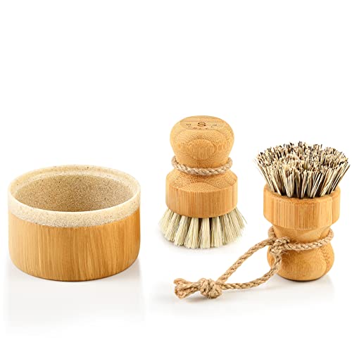 SUBEKYU Bamboo Dish Brush Set with Soap Holder, Wooden Dish Scrubber with Soap Dispenser, Natural Kitchen Scrub Brush, Washing Pot/Pans/Cast Iron, 2 Pack, Sisal + Coconut Palm Bristles - color: Sandstone Base +Sisal 1p+palm 1p, size: Regular size
