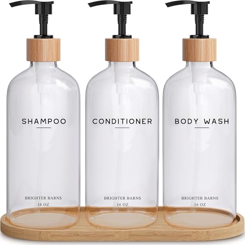 Clear Shampoo and Conditioner Dispenser Set by Brighter Barns - Refillable Plastic Shower Dispenser for Bathroom - Shampoo Bottles & Tray - Modern Bathroom Accessory for Hotel, Vacation Rental (Clear) - color: Clear