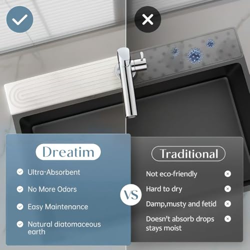 Diatomite Faucet Mat for Kitchen Sink, Quick-Dry Stone-Like Sink Mat, Flat Lay Absorbent Countertop Drying Mat for Faucet Area, Hard Diatomite Mat, White, 15.8 x 4 in - color: White-D