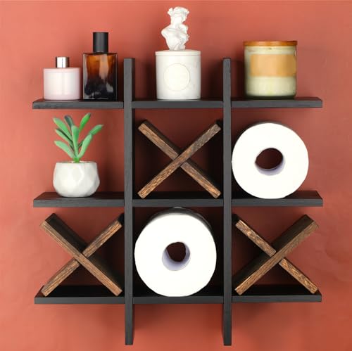 Weysat Tic Tac Toe Toilet Paper Holder Stand Bathroom Wall Decor Rustic Wooden Hanging Storage Freestanding Wall Mounted Shelves Decor for Toilet Tissue Farmhouse - color: Black, Dark Brown