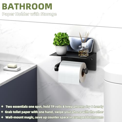 Toilet Paper Holder with Phone Shelf, APLusee SUS 304 Stainless Steel Bathroom Tissue Holder, Wall Mounted Roll Paper Dispenser, Matte Black - color: Matte Black, size: Single Rod