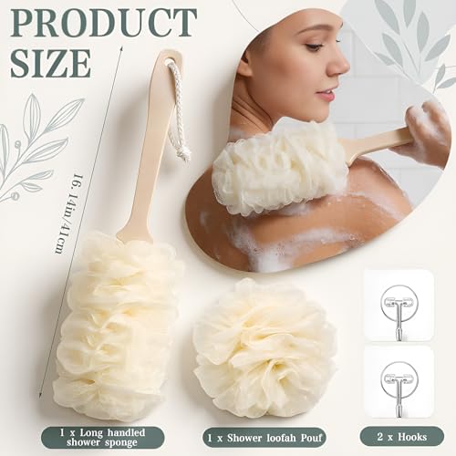 4 Pcs Back Scrubber Showers Set Bath Sponge Loofah Back Scrubber for Men Women Bathing Accessories Includes 1 Long Handled Shower Sponge 1 Bath Shower Luffa Pouf 2 Hooks to Hang Stuff