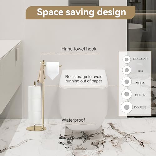 BGL Toilet Paper Holder Stand, SUS304 Stainless Steel Gold, Weighted Base, Holds 5 Jumbo Rolls, Space-Saving Modern Bathroom Storage with Built-in Hook - color: Gold