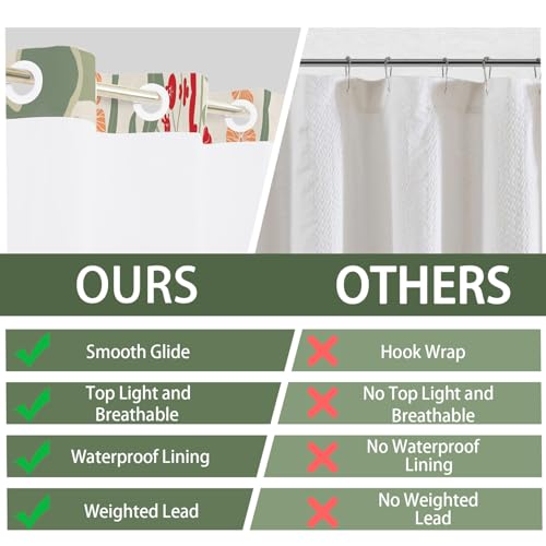 No Hook Boho Shower Curtain and Liner Set 71 x 74 Inch | Colorful Botanical Flower Print, Waterproof Fabric Bath Curtain with Breathable Mesh Top Window for Farmhouse Bathroom, Hotel - color: Green and Pink