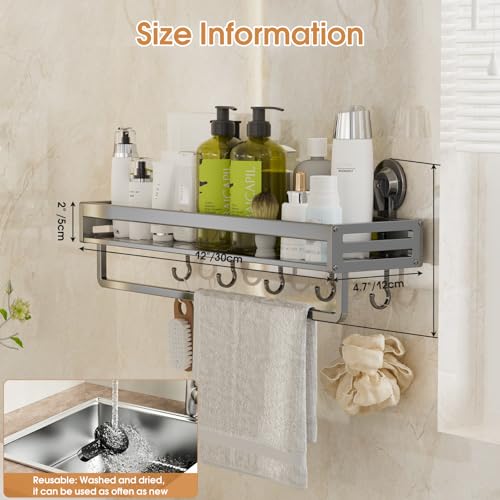Suction Cup Shower Caddy, 11.8 inch Extended Version, with 5 Hooks & Towel Rrack, No Drilling Required, Rust-Resistant Bathroom Shower Organizer,Dark Grey - size: 11.8 inches
