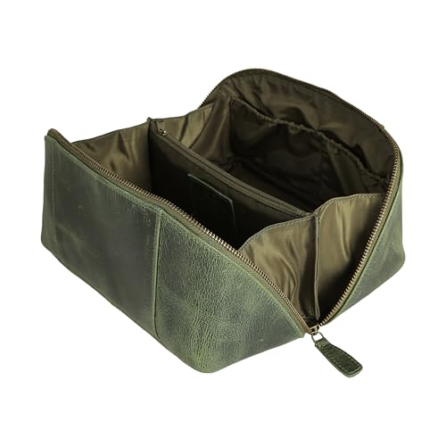 KomalC Luxury Leather Men’s Toiletry Travel Bag – Handmade Shaving Kit with Waterproof Interior, Spacious Storage & Carry Handle – leather travel Kit Bag for Men & Women (Green) - color: Green