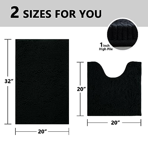 BOANKODU Bathroom Rug Sets, Absorbent Chenille Bath Rugs Non-Slip, 32x20 Inch + 20x20 Inch U Shape, Machine Washable (Black) - color: Black, size: 20" x 32" + 20" x 20" (U-Shape)
