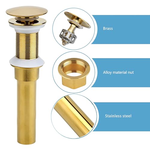 Rockgoya Bathroom Sink Drain, Gold Drain Stopper Bathroom Sink Without Overflow,Pop Up Drain Assembly with Detachable Strainer Basket,Built-in Anti-Clogging Strainer,Stainless Steel - color: Gold, style: Without Overflow