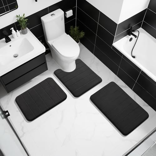 Yimobra Memory Foam Bath Mat, Soft Absorbent Bathroom Rug, 24x17, Black | Non Slip Backing, Quick Dry, Machine Washable Bath Rug for Tub & Shower Areas, Durable Design That Complements Bathroom Decor - color: Black, size: 24" X 17"
