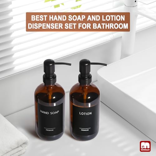 GMISUN Amber Glass Soap Dispenser, 2 Pack Bathroom Hand Soap Dispensers with Stainless Steel Pump, 17 Fl Oz Kitchen Hand and Dish Soap Dispenser Set, Modern Vintage Liquid Brown Soap Dispensers Bottle - color: Amber Bottle + Black Pump