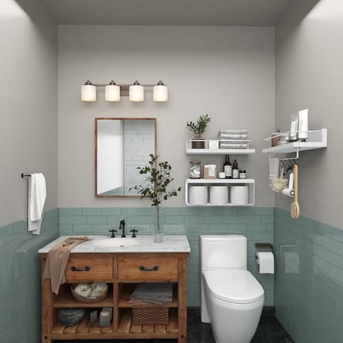 PopiShelves Bathroom Shelves Over Toilet for Wall, Floating Shelves with Storage Basket Paper Holer for Kitchen Living Room, Bedroom & Classroom, Set of 3 (White) - color: White, size: 15.7"